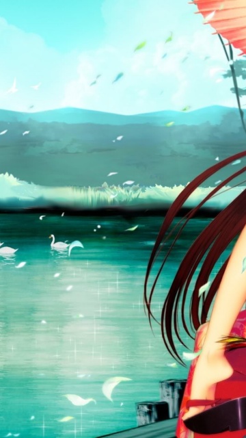 Anime Girl Swans Water Mountains Umbrella