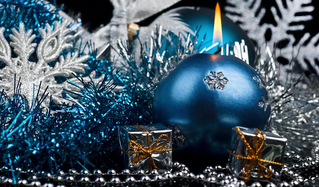 Blue Candle And Christmas Decorations