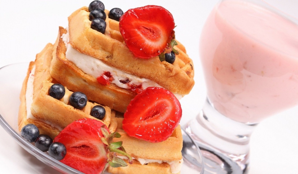 Food Waffles Cream Strawberries Blueberries
