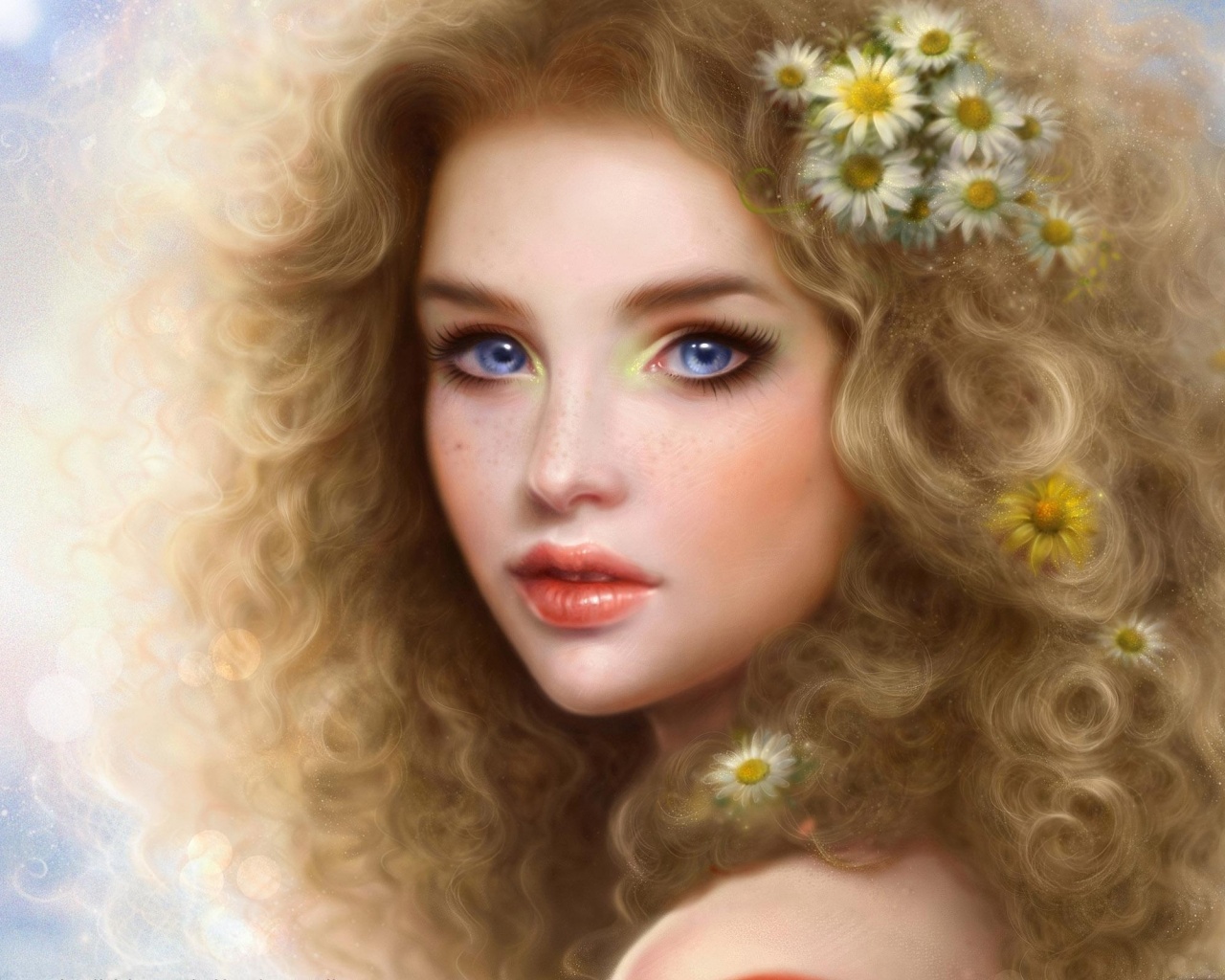 Girl Blonde Blue Eyes Curls Lips Person Camomiles
