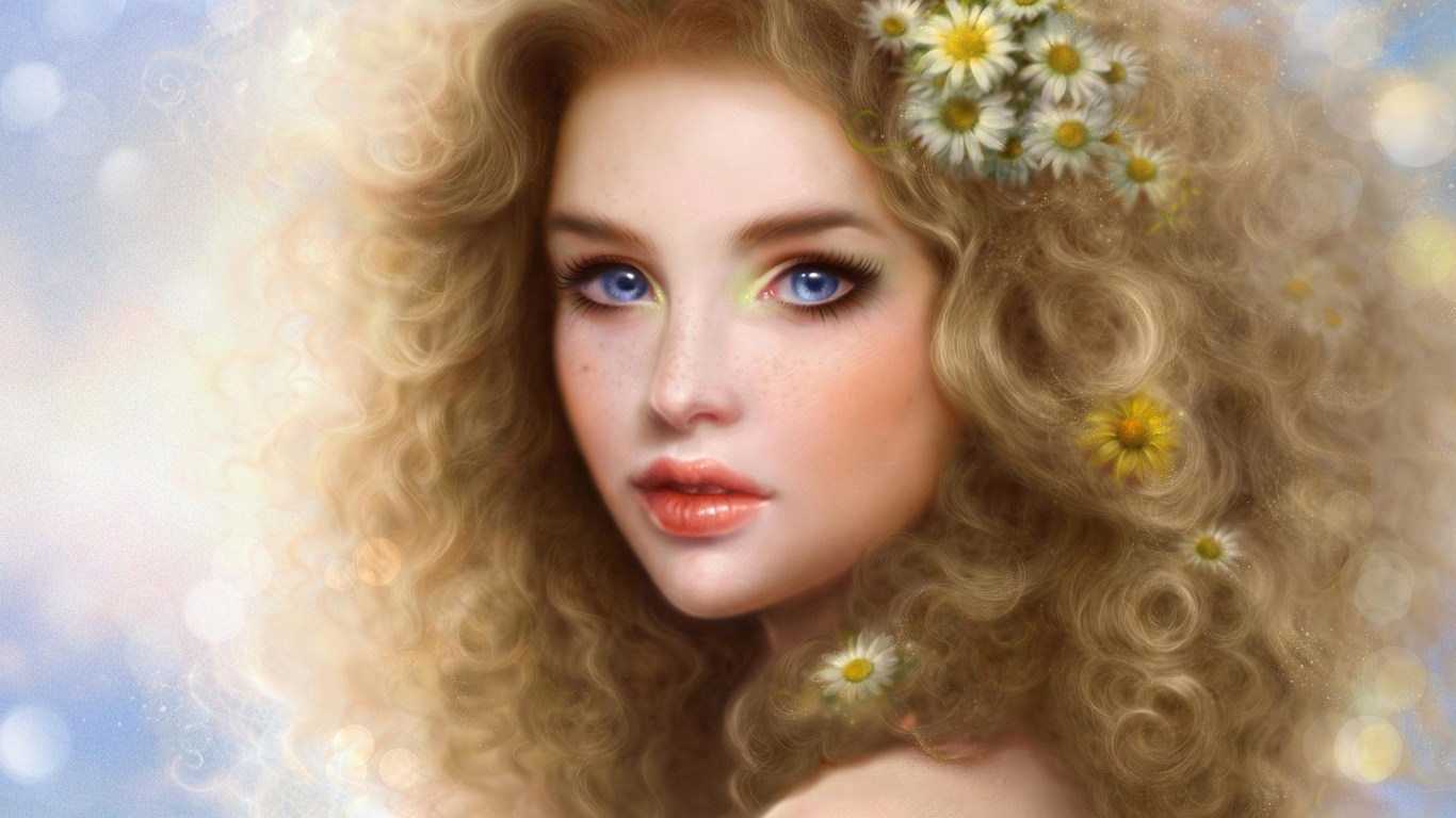 Girl Blonde Blue Eyes Curls Lips Person Camomiles