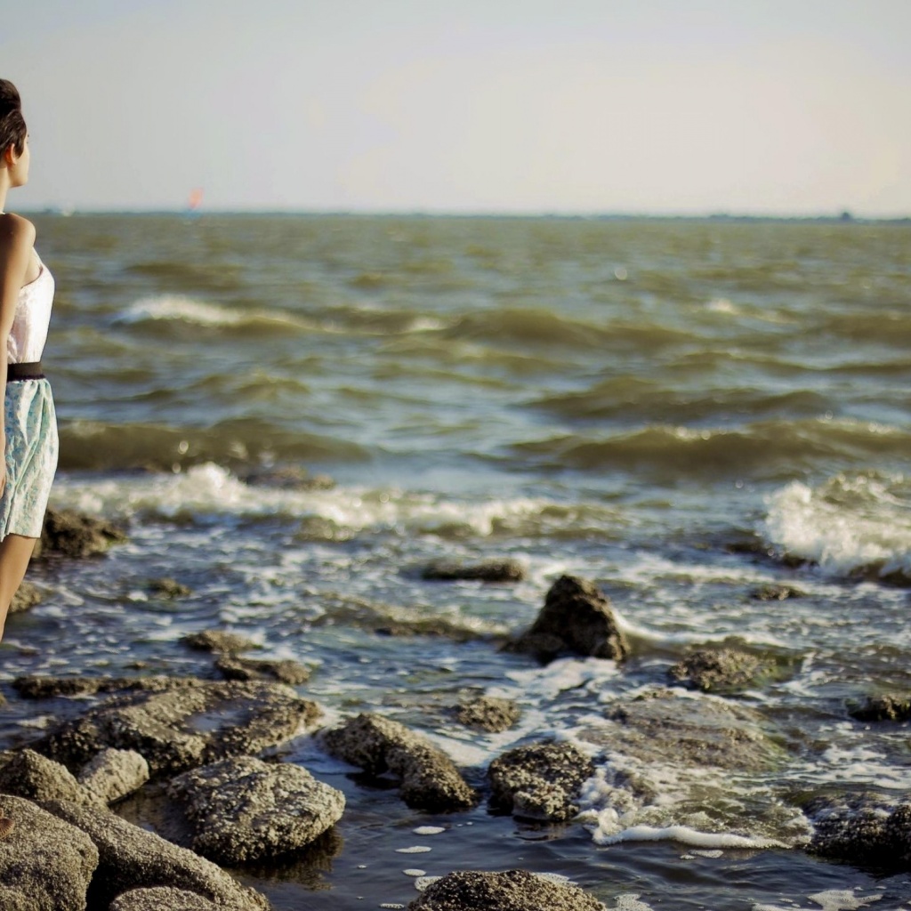 Girl Dress Sea Stone Nature Landscapes