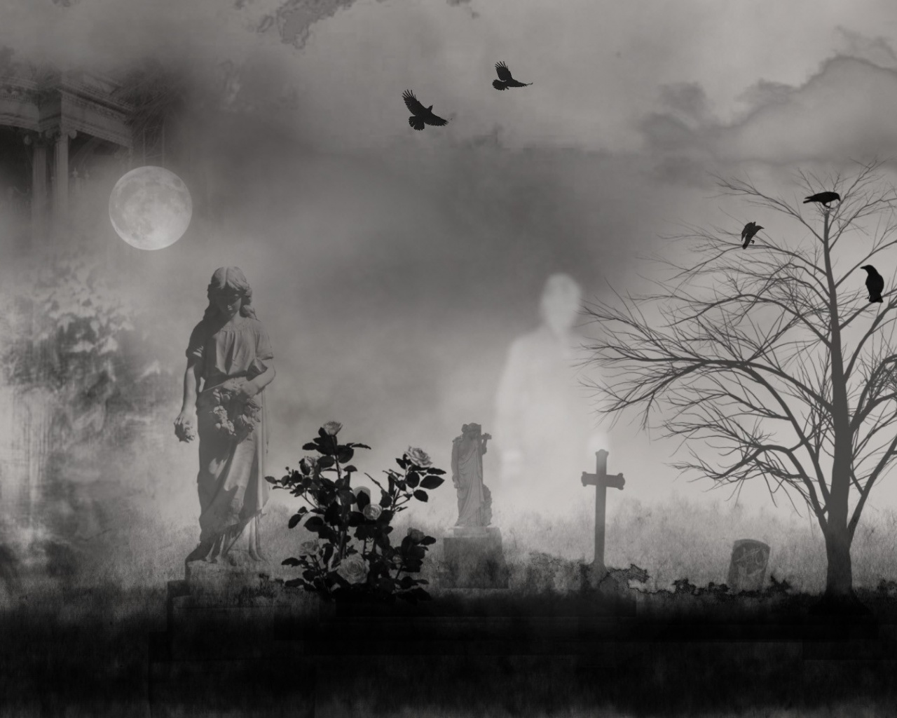 Graveyard Ghosts Birds Cross Dark Fantasy Firefox Persona Ghosts Goth Moon Mystical Sky Screen