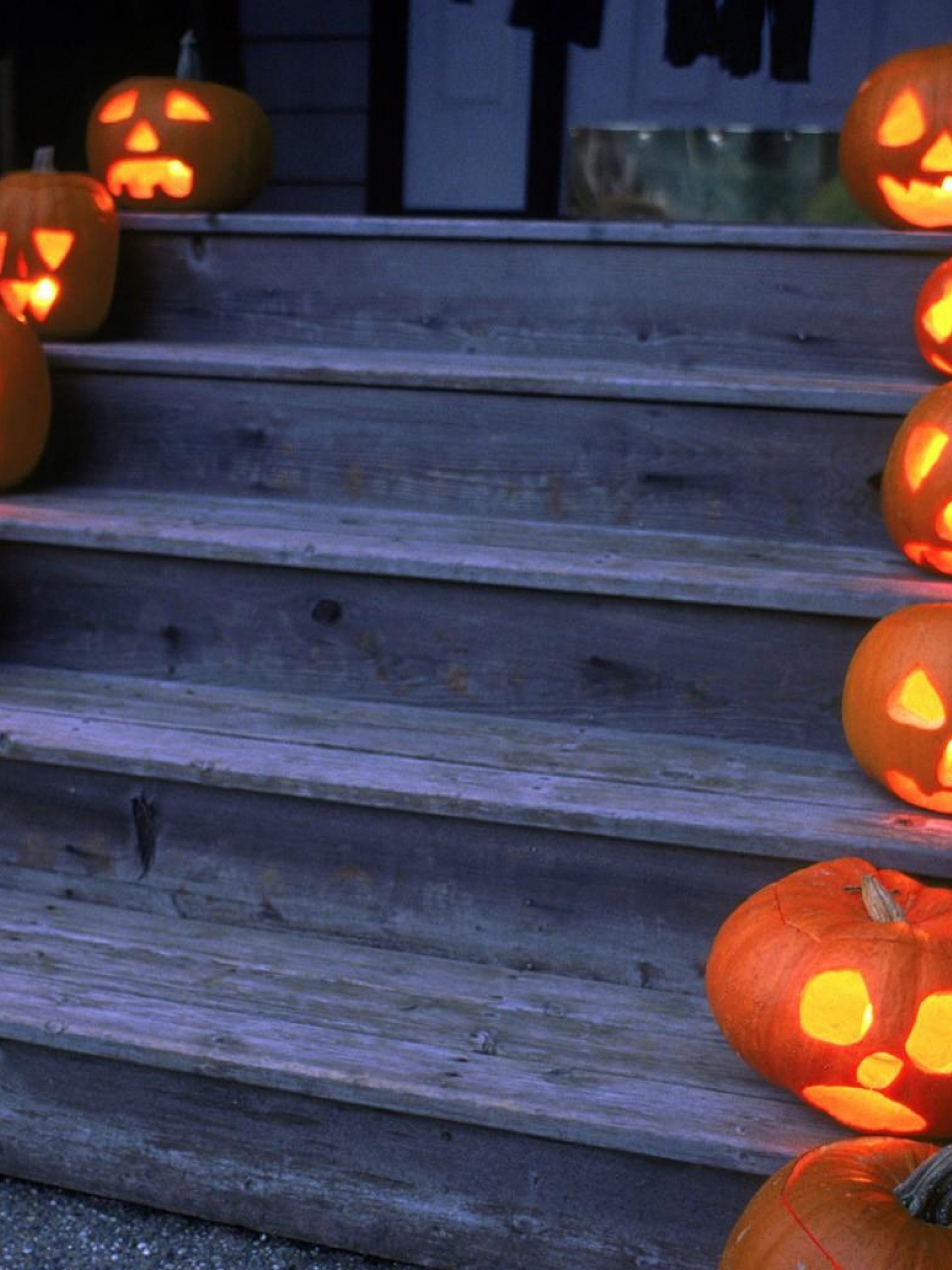 Halloween Pumpkins On Wooden Stairs