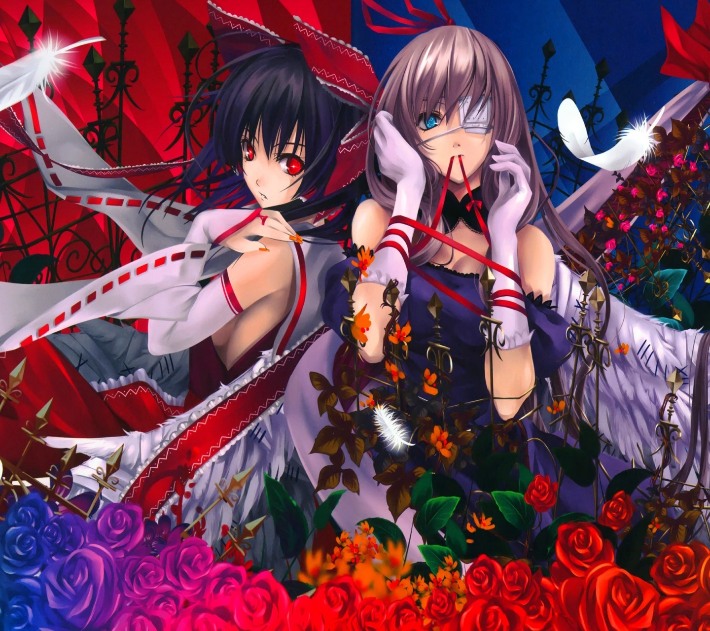 Reimu And Yukari Roses Feathers Anime