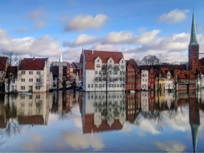 Europe Town Houses Buildings Trees Water Reflection Sky Clouds City