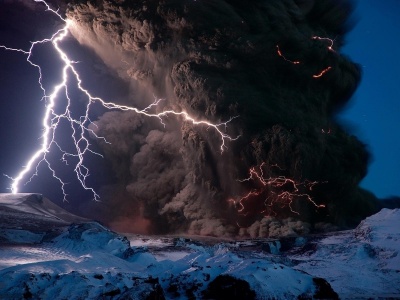 Volcano Lightning Dark Clouds Screen Natural Landscapes