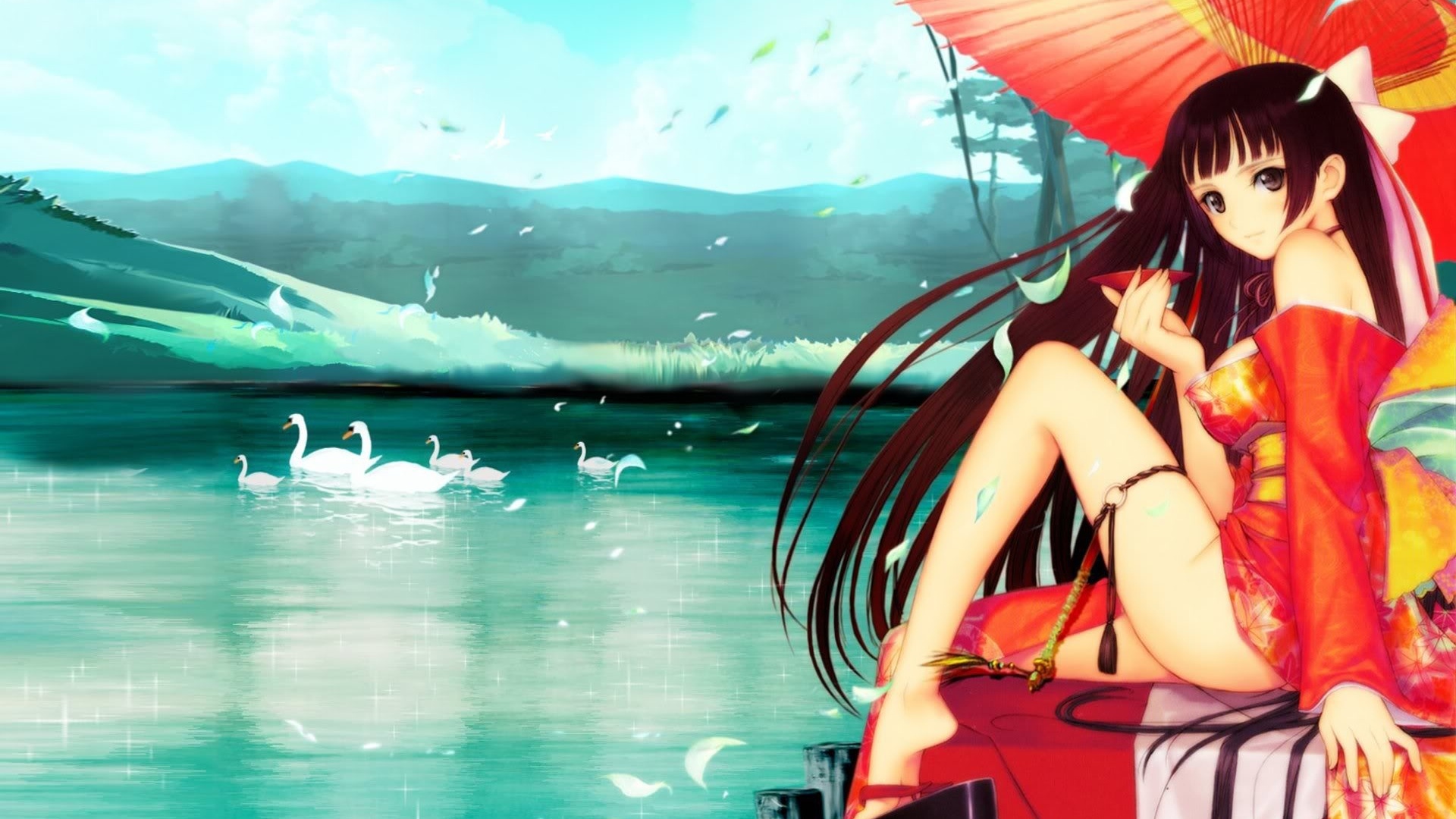 Anime Girl Swans Water Mountains Umbrella