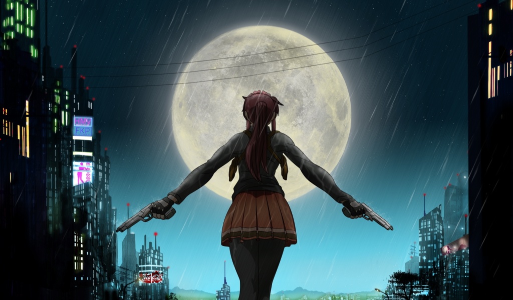 Black Lagoon Gun Building Rain City Moon Anime