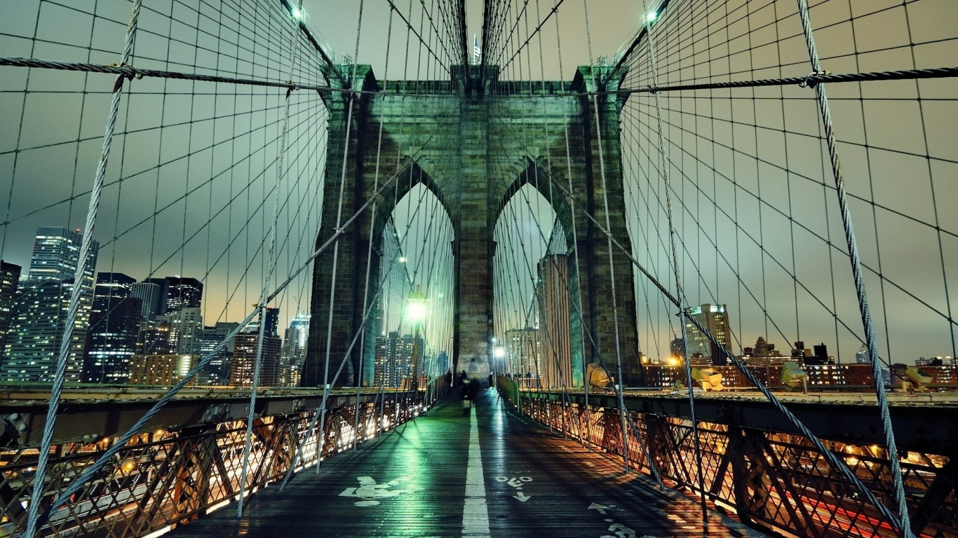 Brooklyn Bridge Night Nyc United States City Buildings Landscape