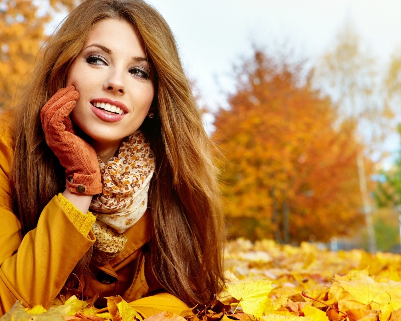 Brunette Fall Long Haired Gloves Jacket Smiling Leaves