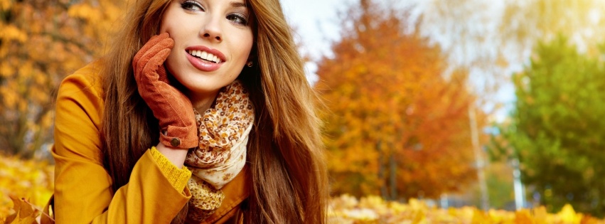 Brunette Fall Long Haired Gloves Jacket Smiling Leaves