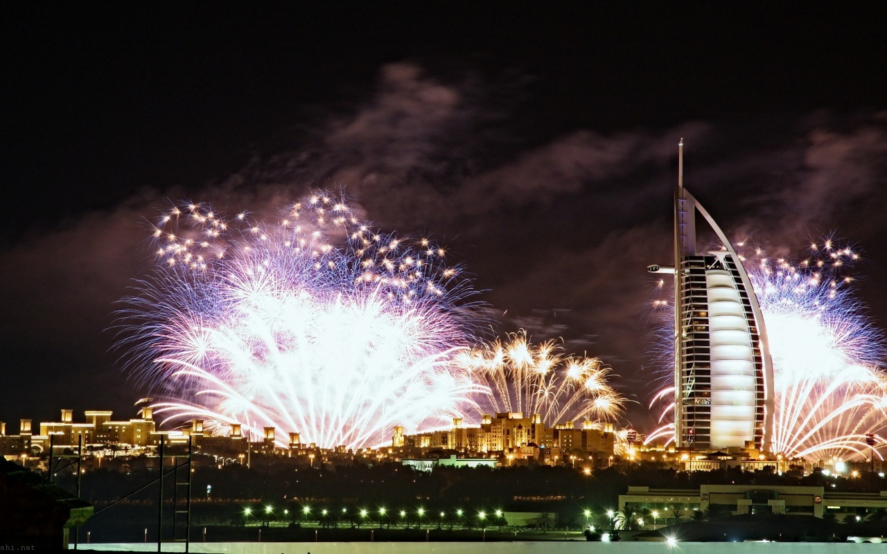 Burj Al Arab Night Lights Fireworks Dubai Uae United Arab