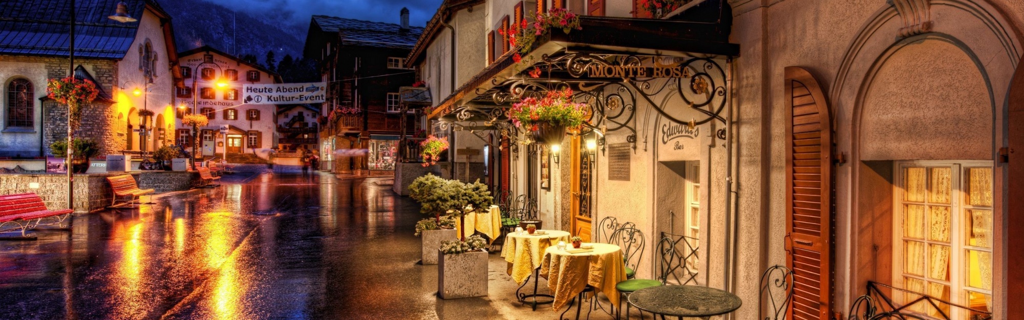 Cafes Coffee Tables Streets Zermatt Switzerland Roads Buildings Houses City