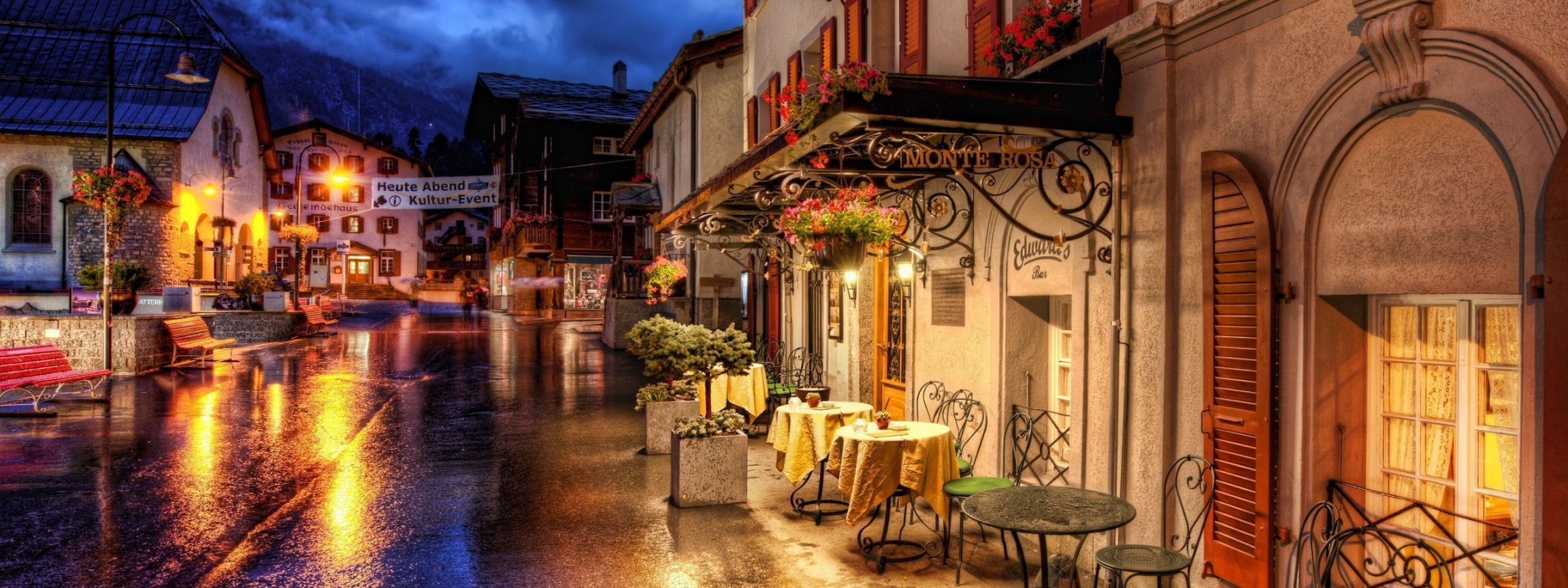 Cafes Coffee Tables Streets Zermatt Switzerland Roads Buildings Houses City