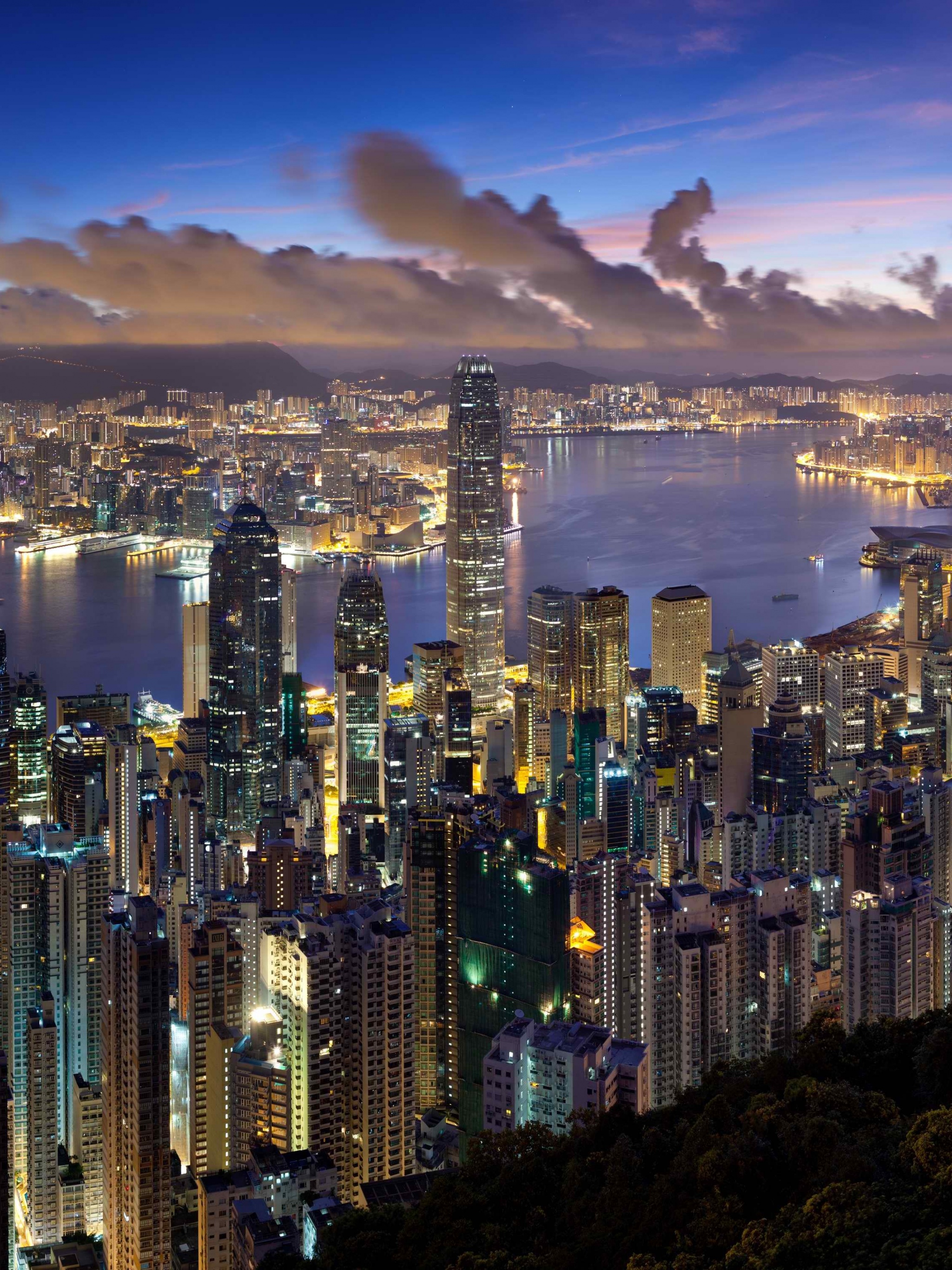 City Hong Kong Evening Clouds Lights