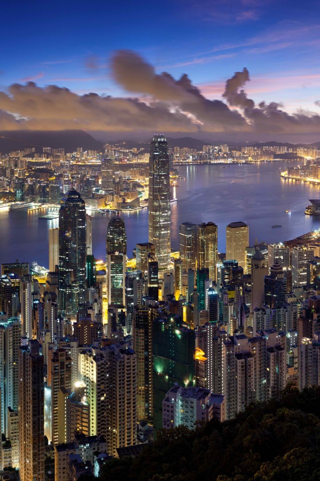 City Hong Kong Evening Clouds Lights