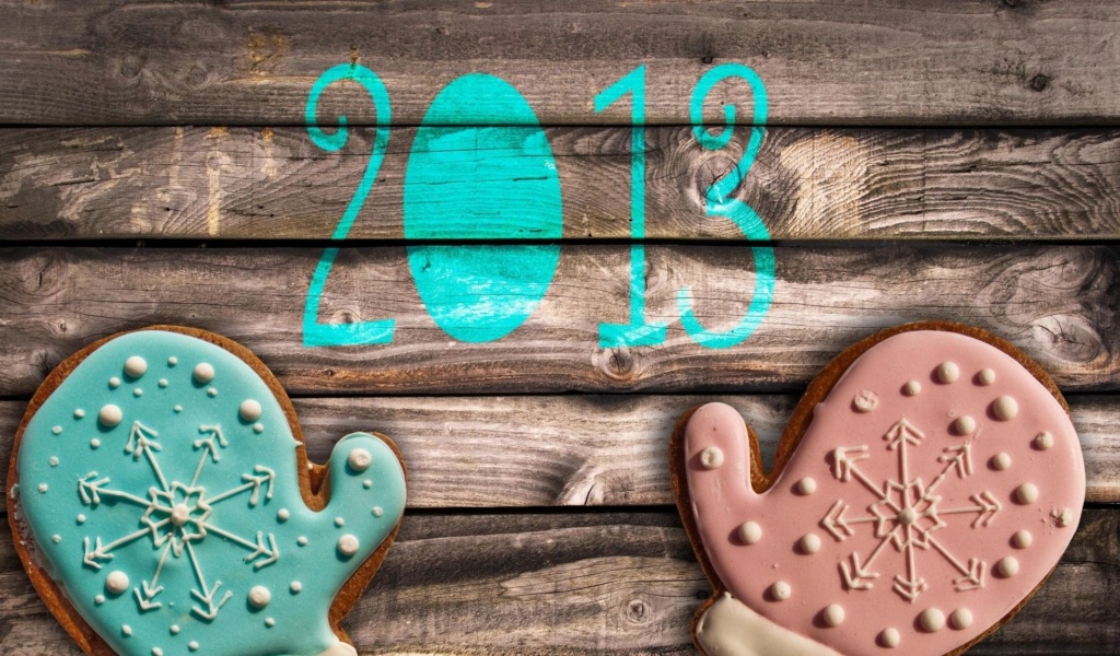 Date Numbers New Year Mittens Pair Wood Background