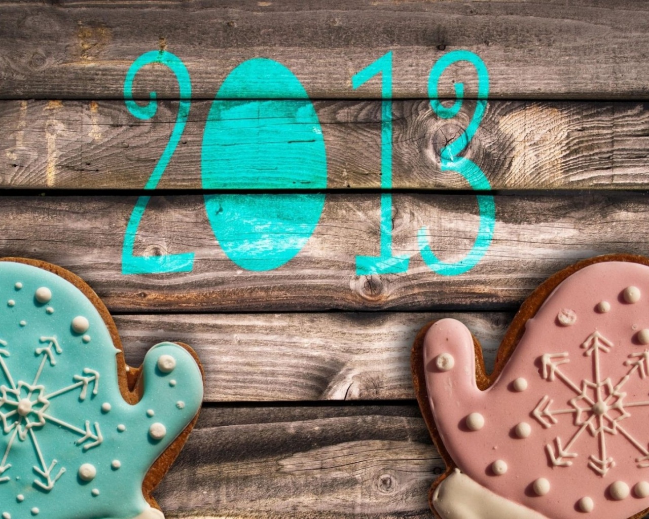 Date Numbers New Year Mittens Pair Wood Background
