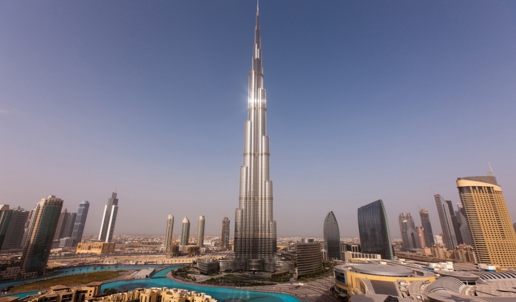Dubai Skyscrapers Towers Houses Burj Khalifa Sunset Water Sky