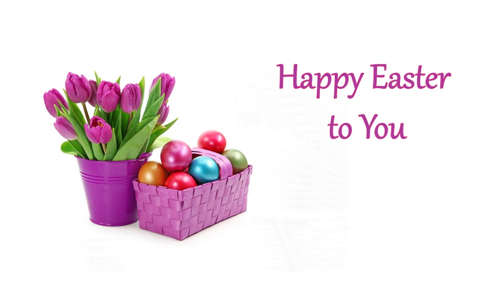 Easter Eggs And Tulips In Basket