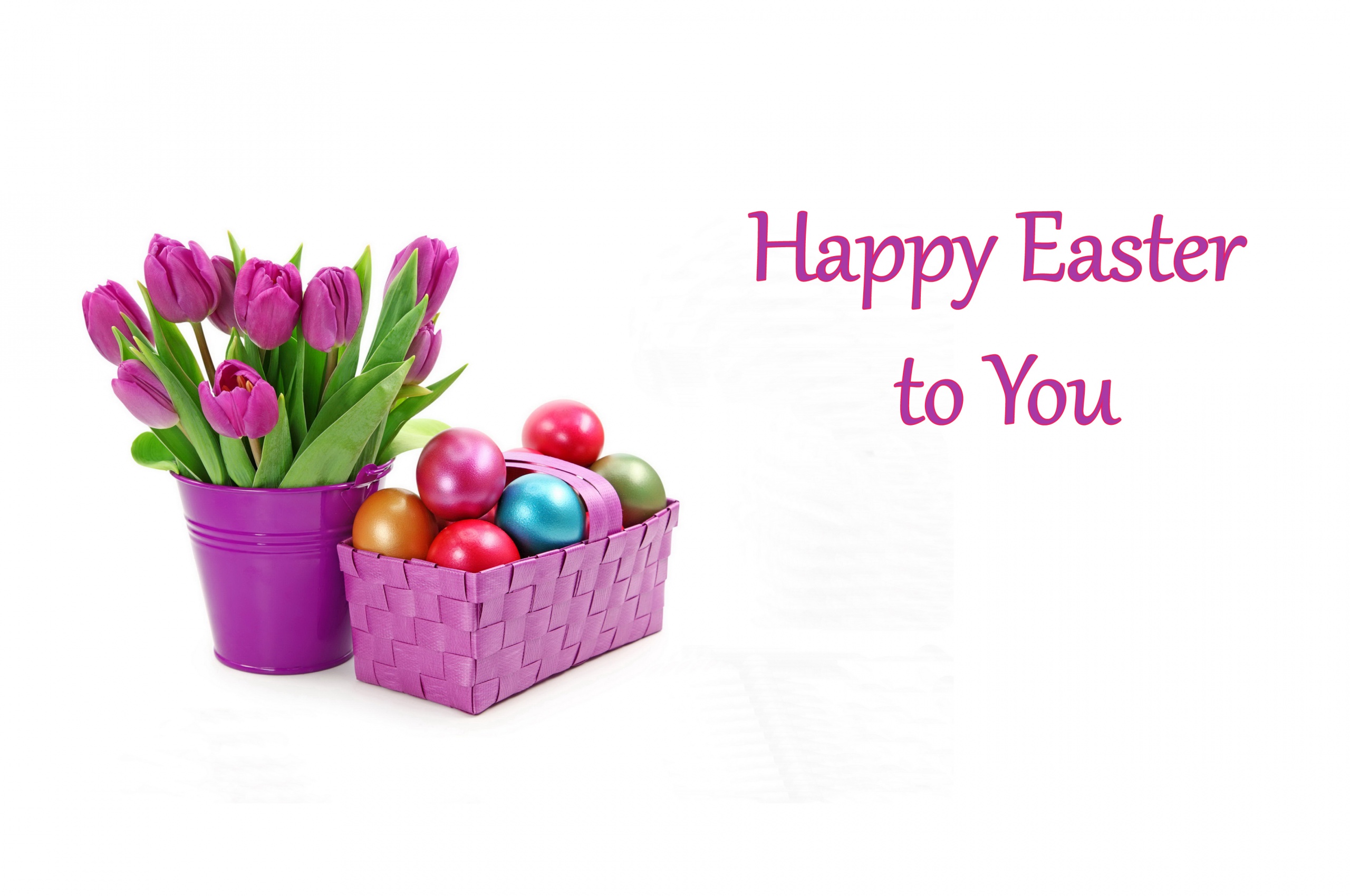 Easter Eggs And Tulips In Basket