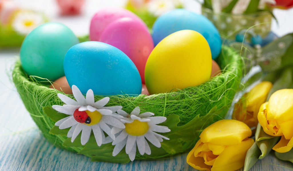 Easter Eggs In A Green Basket