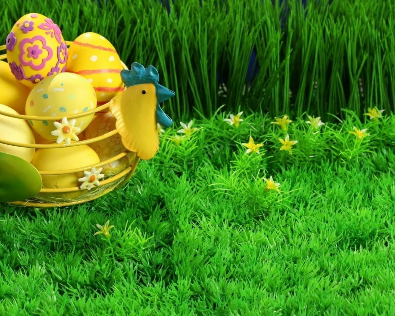 Easter Holiday Eggs Basket Grass Lawn Flowers