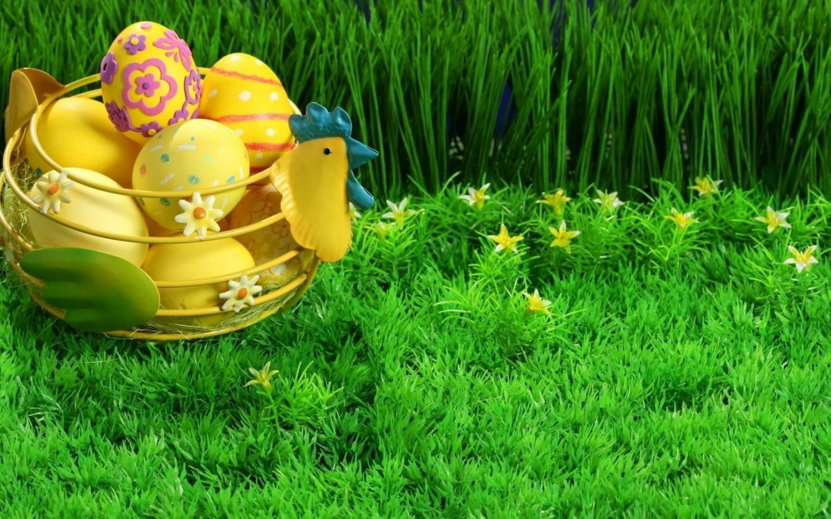 Easter Holiday Eggs Basket Grass Lawn Flowers