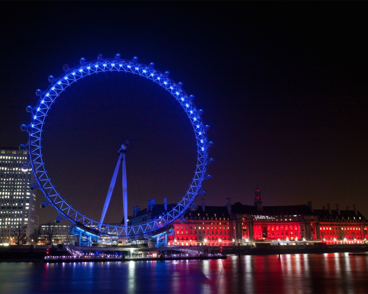 Evening City Lights Lights Illumination Ferris Wheel Buildings Houses Quay River Reflection