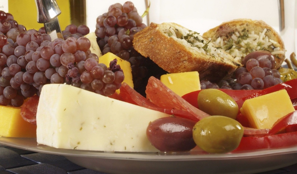 Food Cheese Bread Grapes Olives