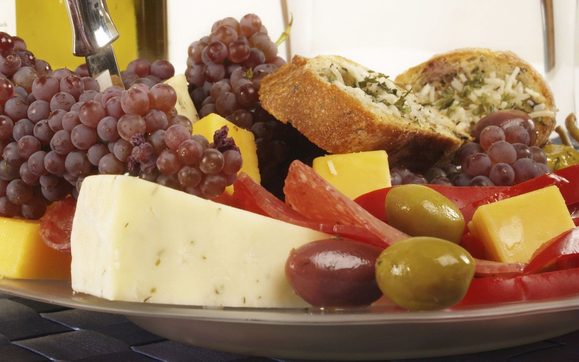 Food Cheese Bread Grapes Olives