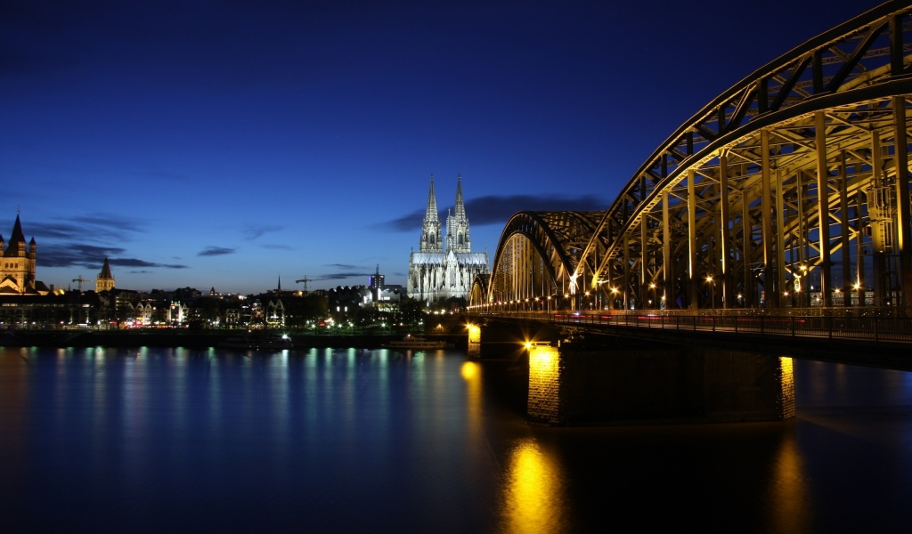 Germany Koln Cologne Germany Evening Buildings Lighting Bridge River Rhine The Reflection