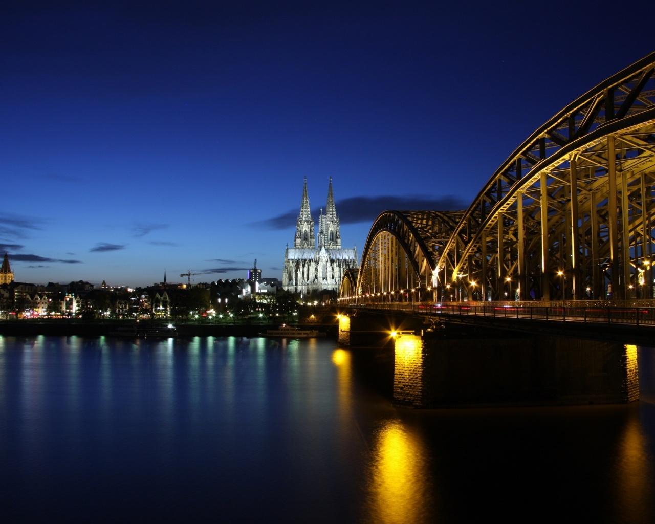 Germany Koln Cologne Germany Evening Buildings Lighting Bridge River Rhine The Reflection