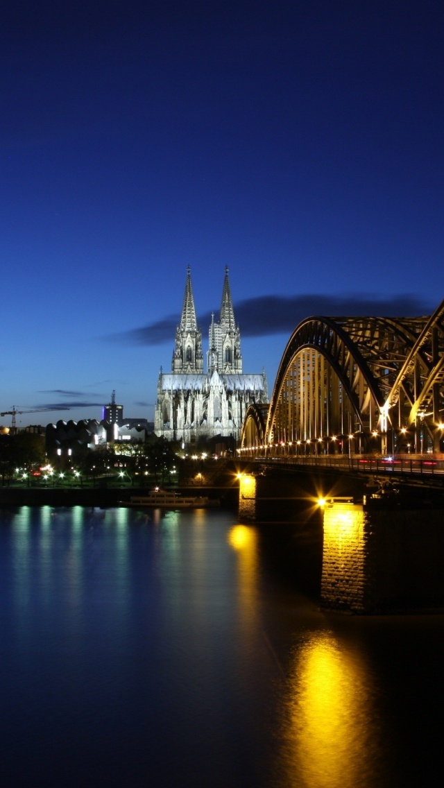 Germany Koln Cologne Germany Evening Buildings Lighting Bridge River Rhine The Reflection