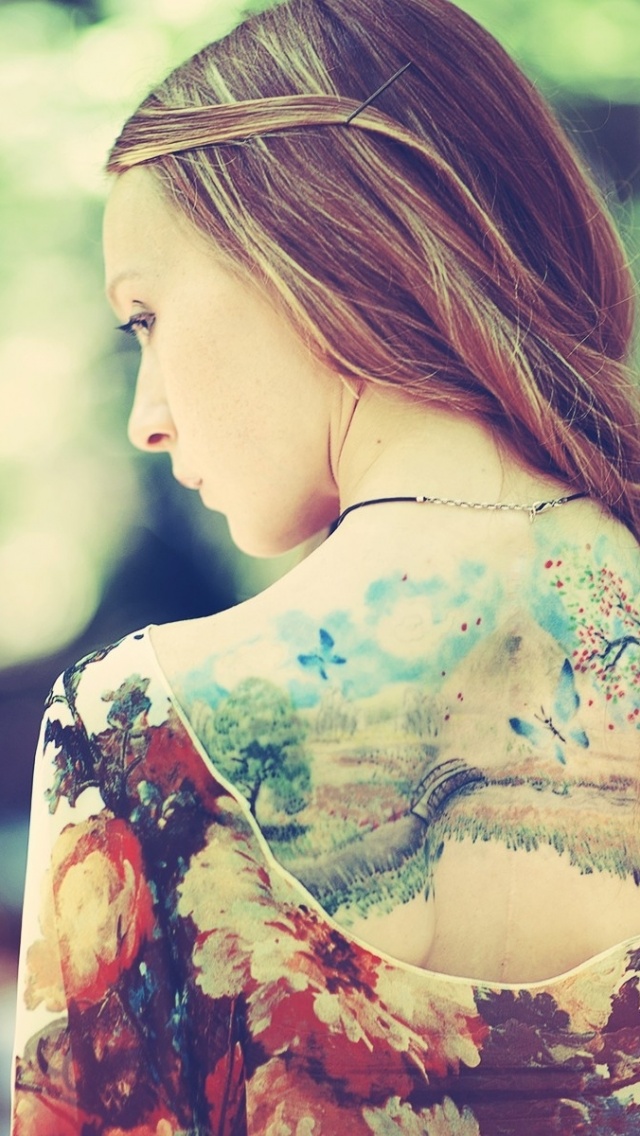 Girl Back Dress Tattoos Nature Background Style Fashion