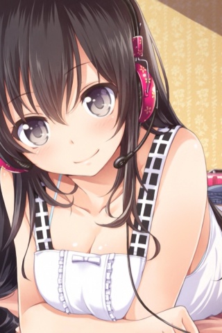 Girl Black Hair Headphones Bed Smile