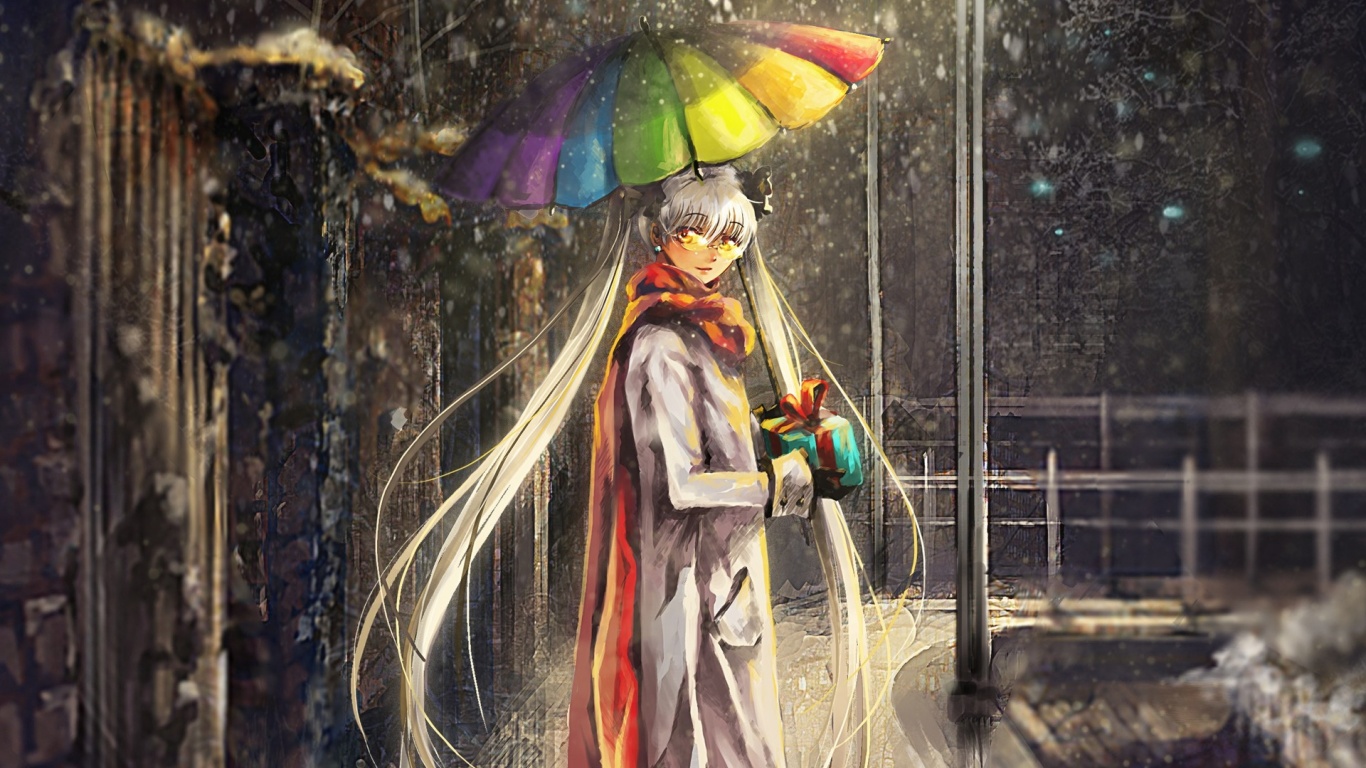 Girl Colorful Umbrella Street Snow Night