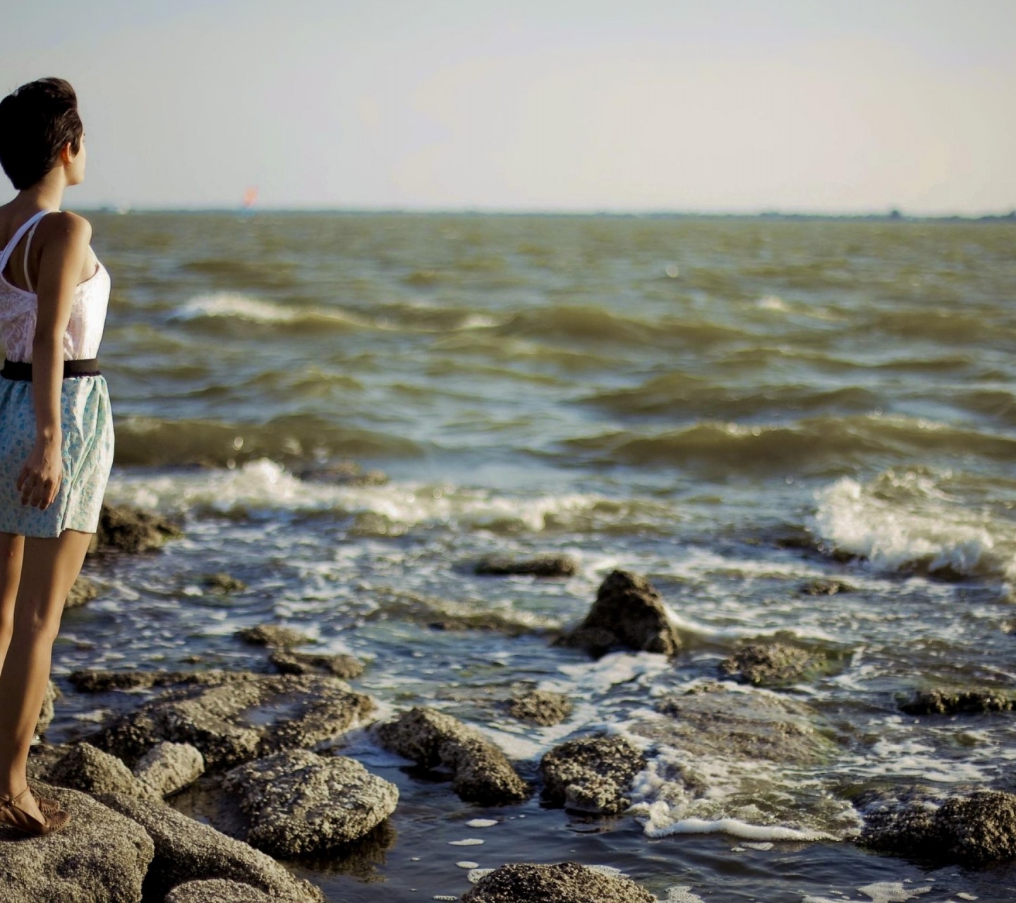 Girl Dress Sea Stone Nature Landscapes