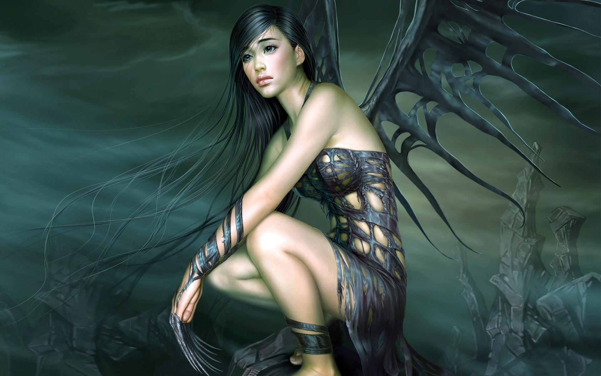 Girl Grief Wings Brunette Angel Black