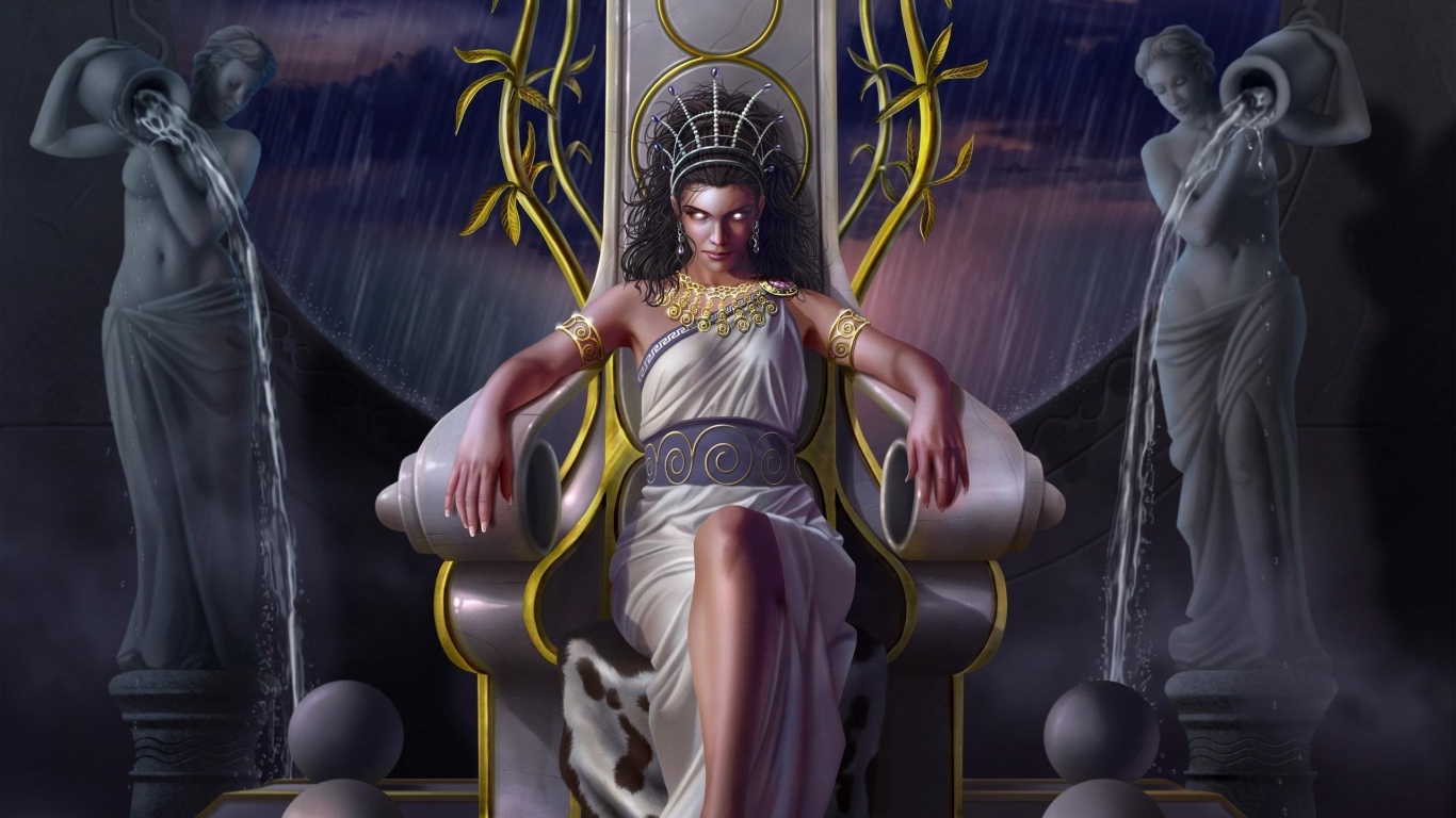 Girl Throne Water Rain Eyes Statues