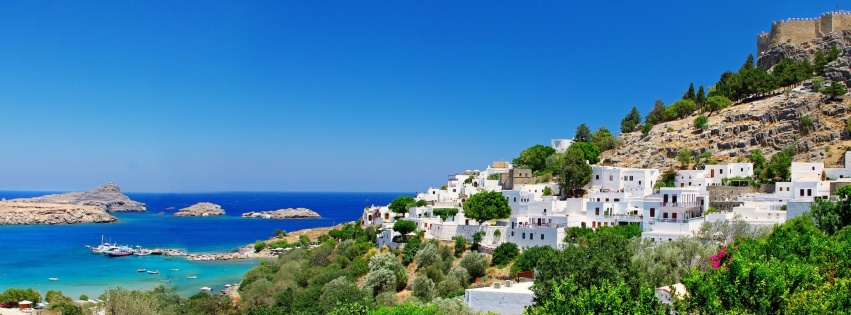 Greece Fortress Coast Houses Trees Nature