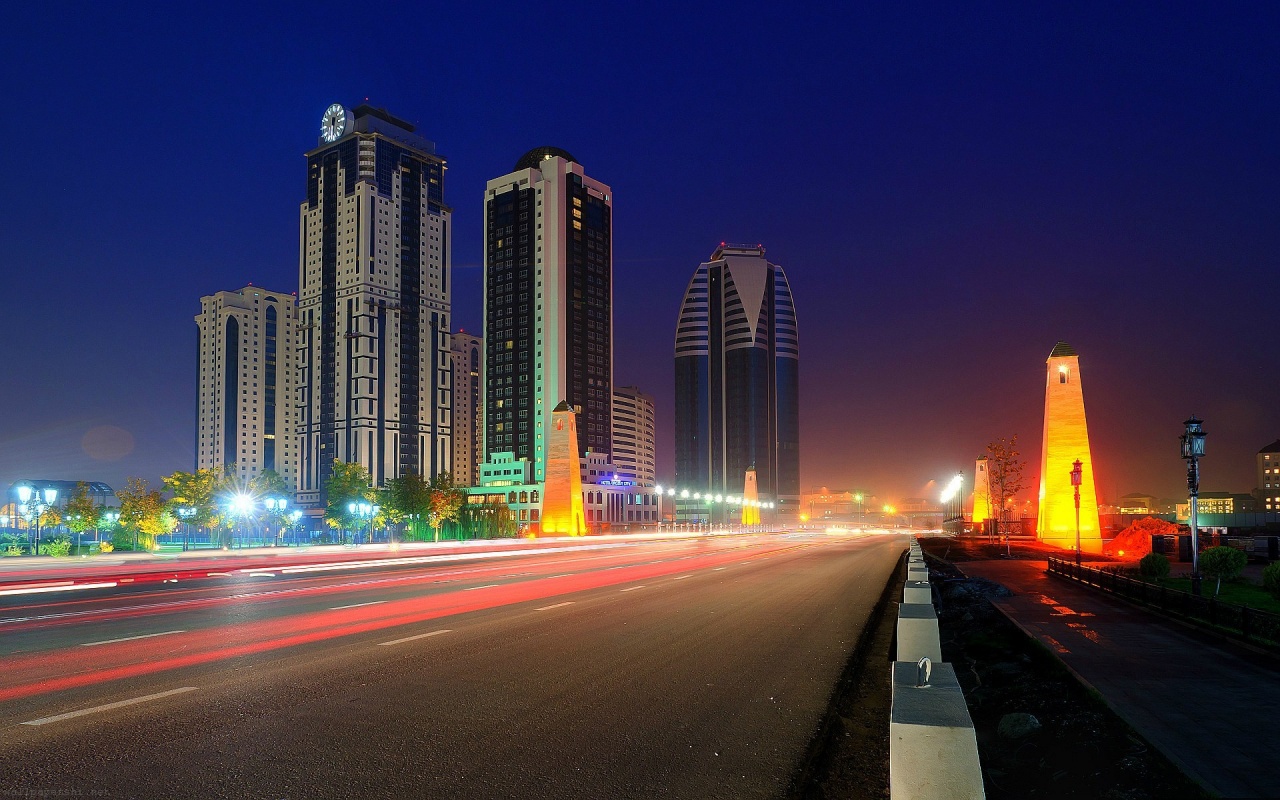 Grozny City Grozny Russia Chechnya Night Road Skyscraper