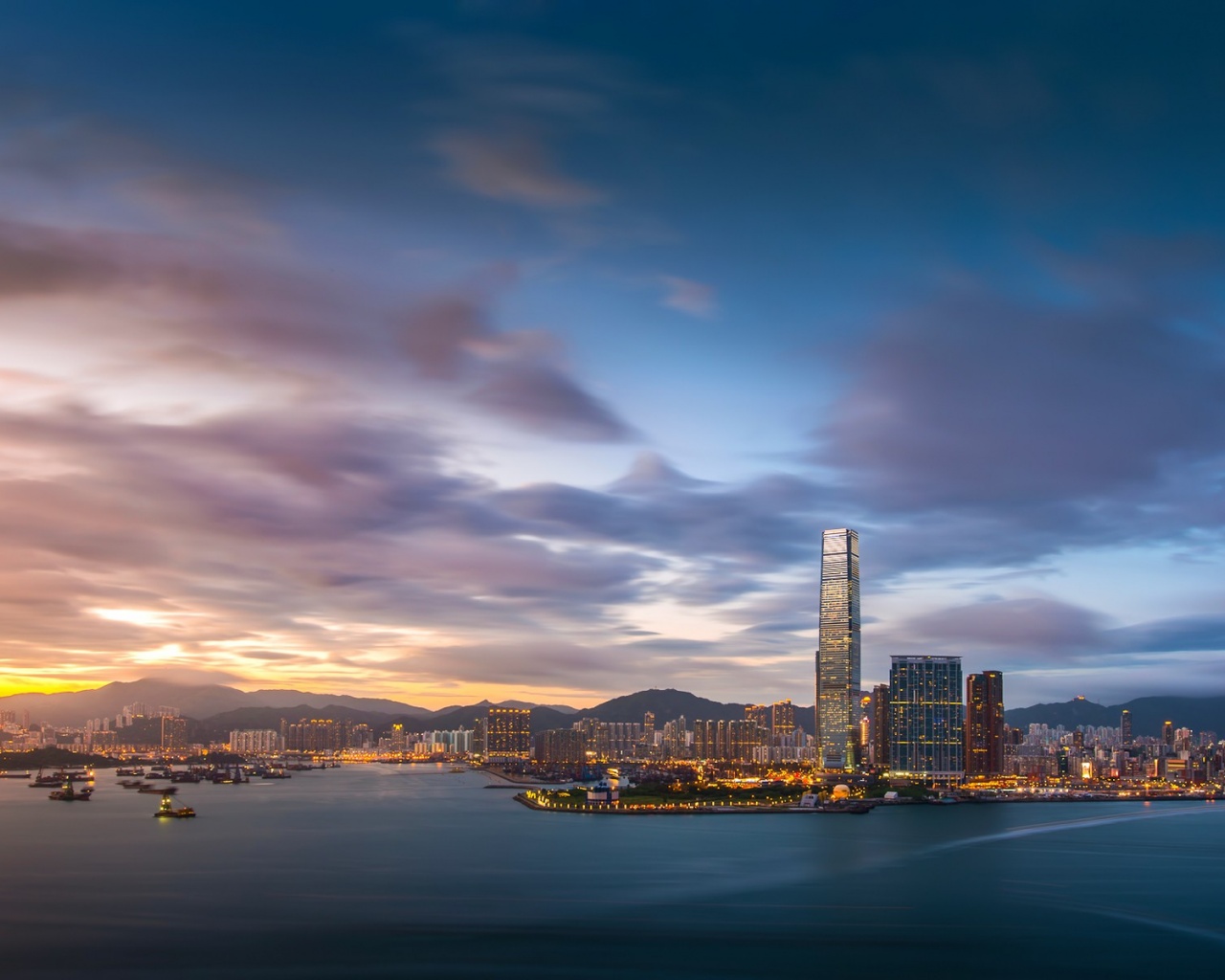 Hong Kong Evening Sunset Sky Clouds Bay Building Fires Port Metropolis City