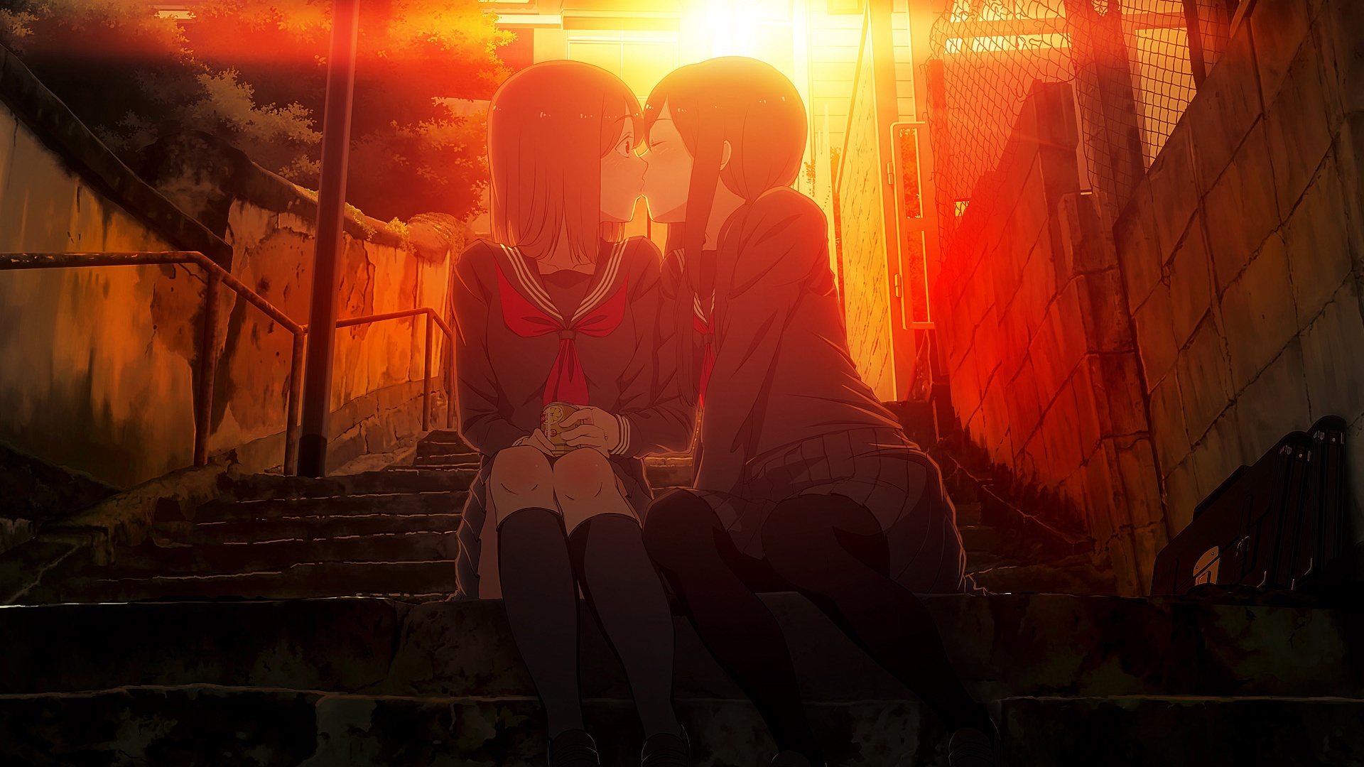Kiss Yuri School Uniforms Sunset Anime Wallpaper