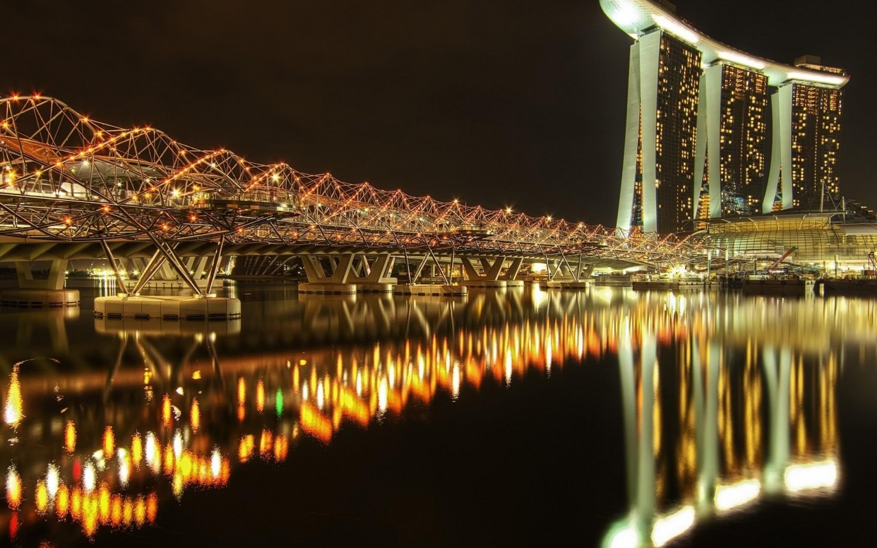 Marina Bay Sands Hotel Bridge Night River Singapore