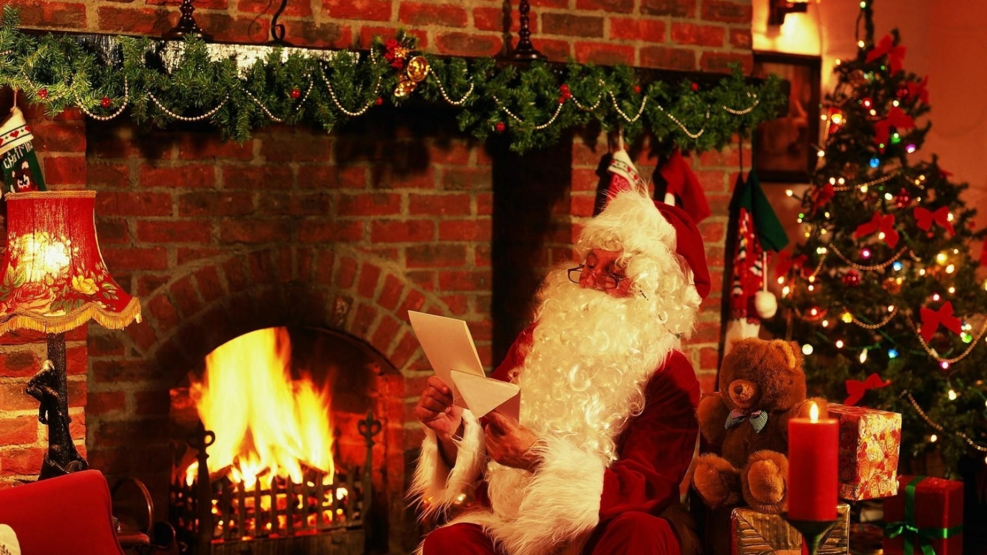 New Year Christmas Santa Claus Letter Gifts Fireplace Christmas Tree Teddy Bear Candle