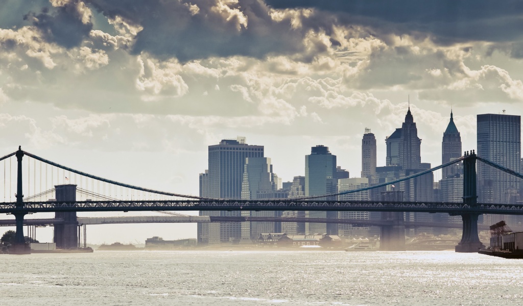 New York Nyc Manhattan Bridge Skyscrapers City Clouds Bridge