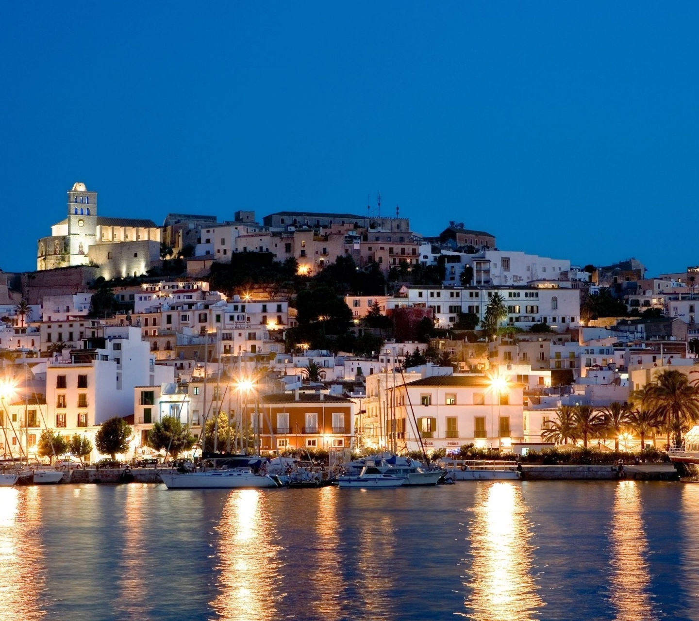 Night Houses Lights Sea Yacht Ibiza Spain
