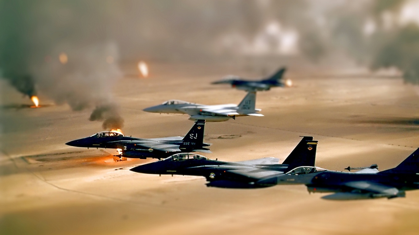 Oil Jet Fighter Desert Smoke Fields Iraq Tiltshift